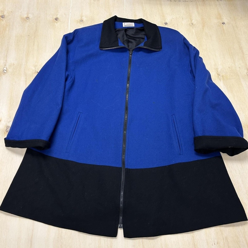 Vintage Lorovi Coat Women 6 Blue Wool Colorblock Full Zip Collared Lined Pockets
